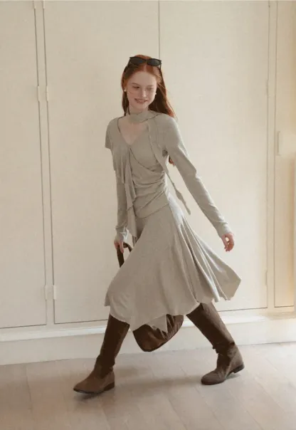 Ruffled Wrap Front Long Sleeve Top and Asymmetrical Skirt