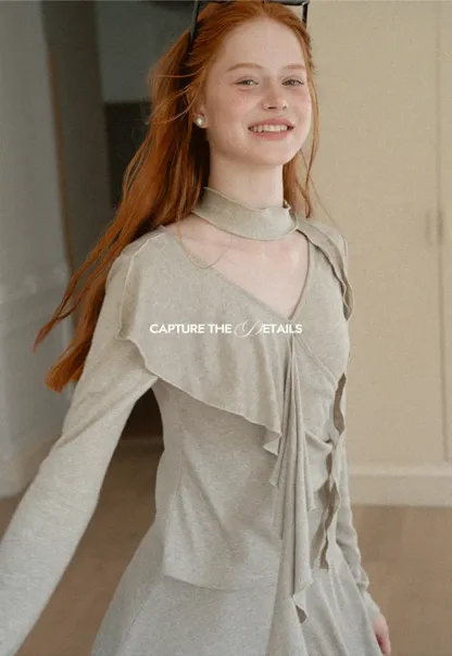Ruffled Wrap Front Long Sleeve Top and Asymmetrical Skirt