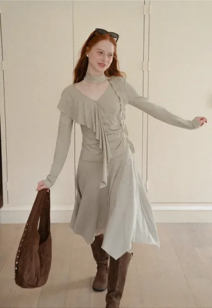 Ruffled Wrap Front Long Sleeve Top and Asymmetrical Skirt