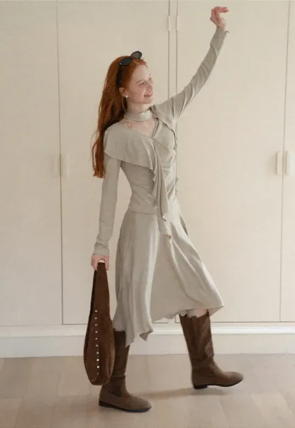 Ruffled Wrap Front Long Sleeve Top and Asymmetrical Skirt