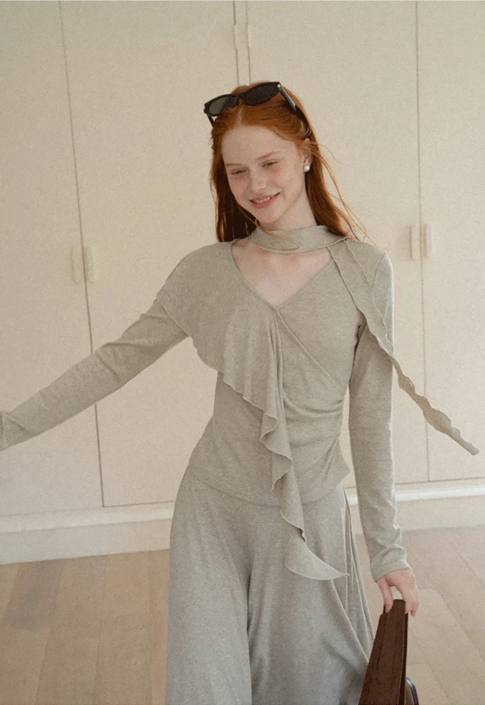 Ruffled Wrap Front Long Sleeve Top and Asymmetrical Skirt