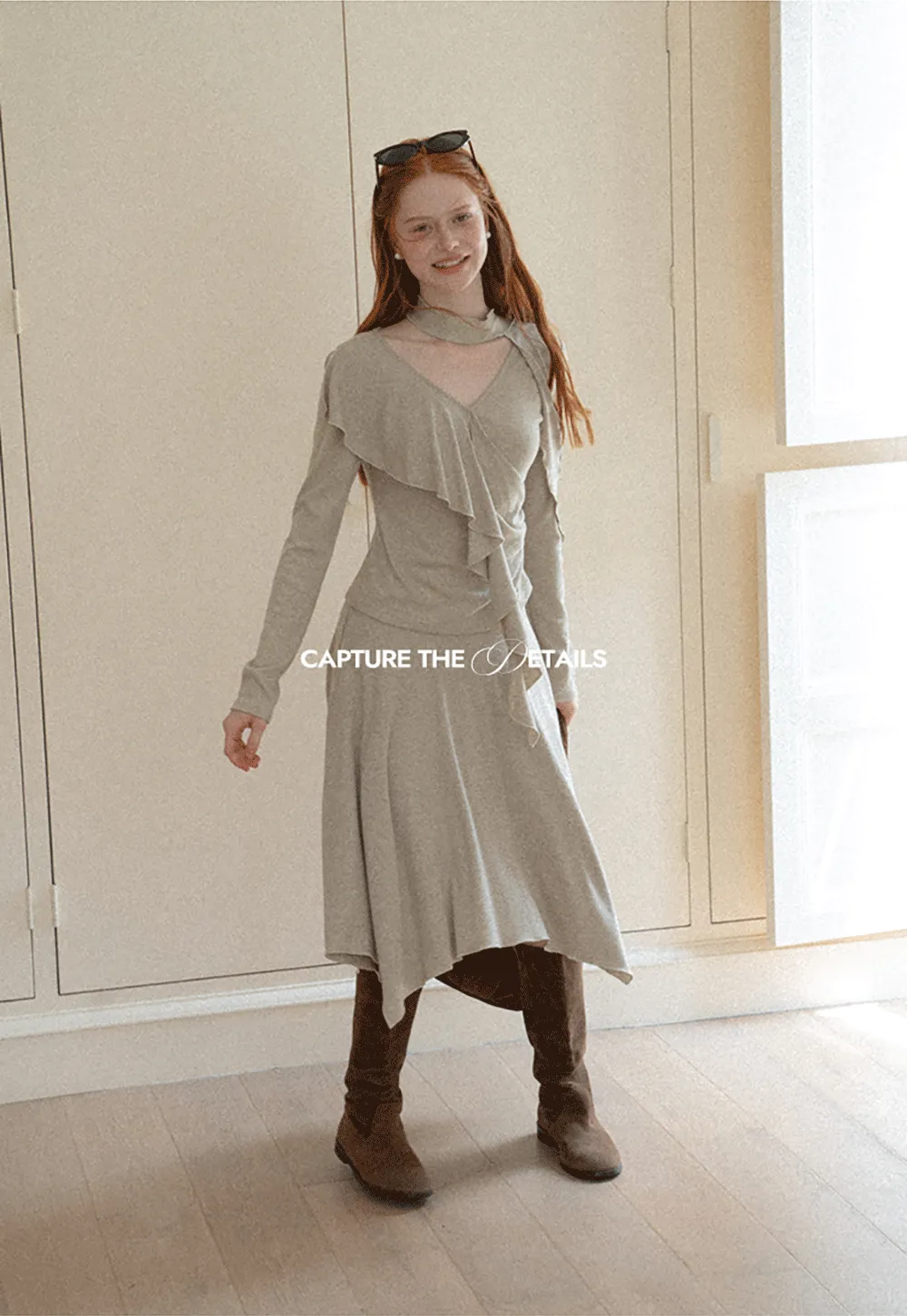 Ruffled Wrap Front Long Sleeve Top and Asymmetrical Skirt