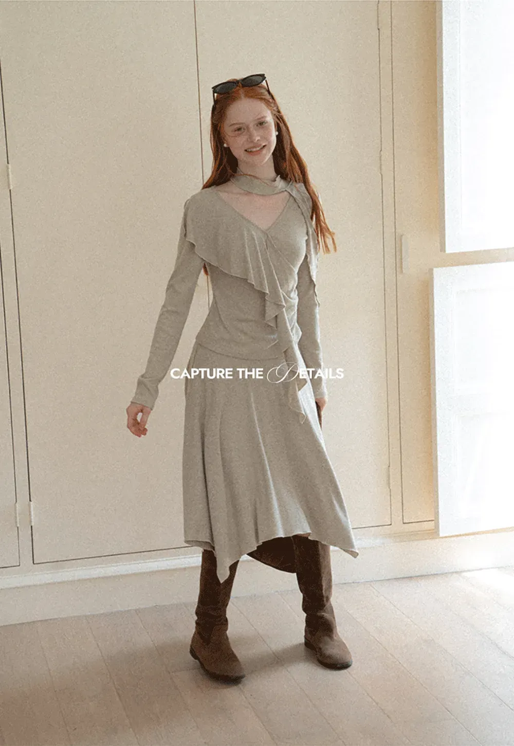 Ruffled Wrap Front Long Sleeve Top and Asymmetrical Skirt