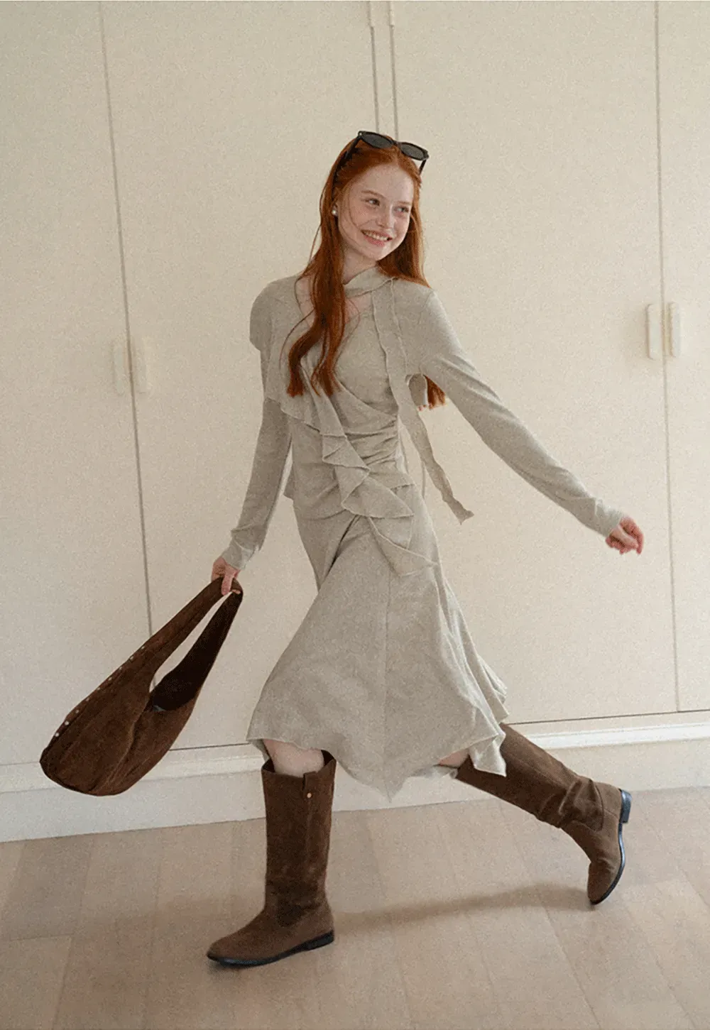 Ruffled Wrap Front Long Sleeve Top and Asymmetrical Skirt
