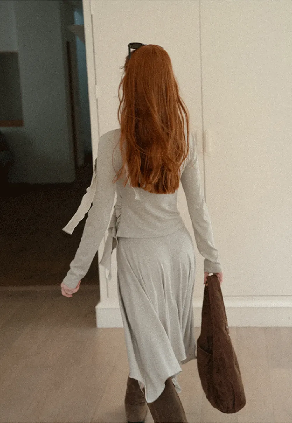 Ruffled Wrap Front Long Sleeve Top and Asymmetrical Skirt