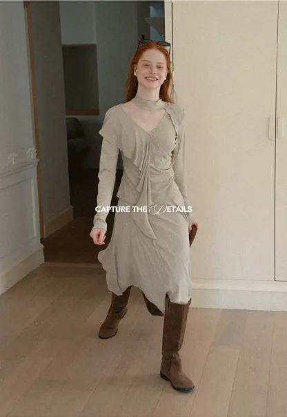 Ruffled Wrap Front Long Sleeve Top and Asymmetrical Skirt
