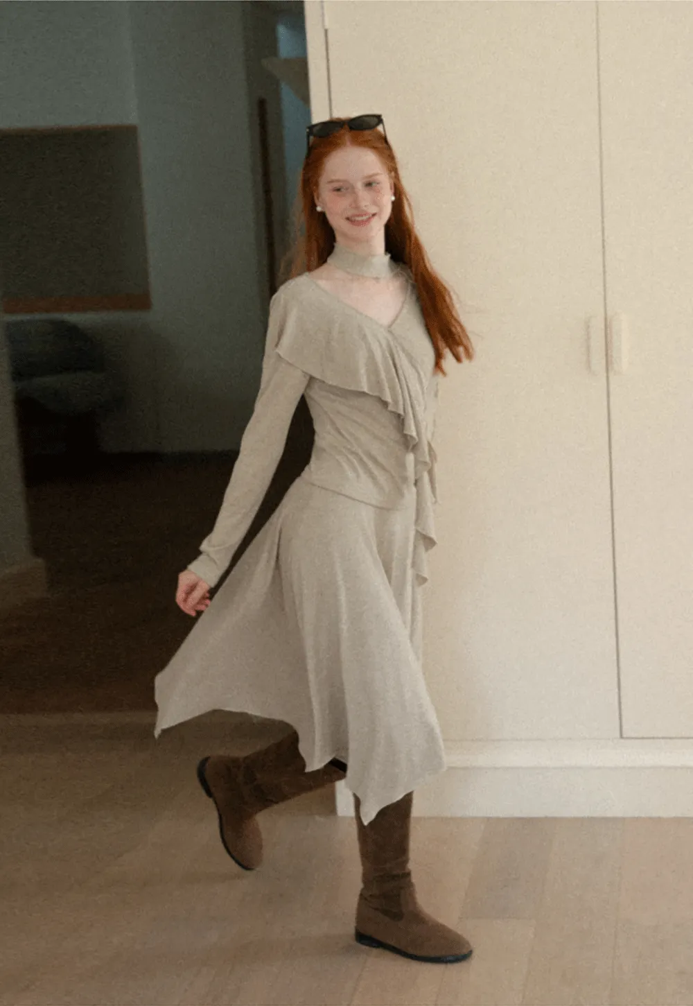 Ruffled Wrap Front Long Sleeve Top and Asymmetrical Skirt