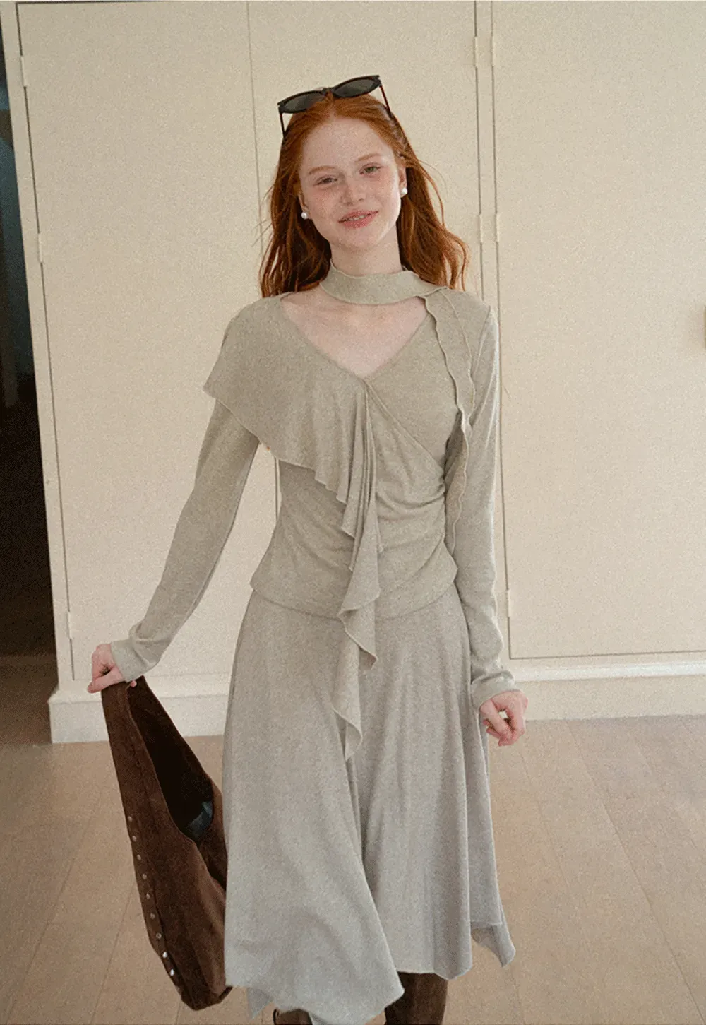 Ruffled Wrap Front Long Sleeve Top and Asymmetrical Skirt