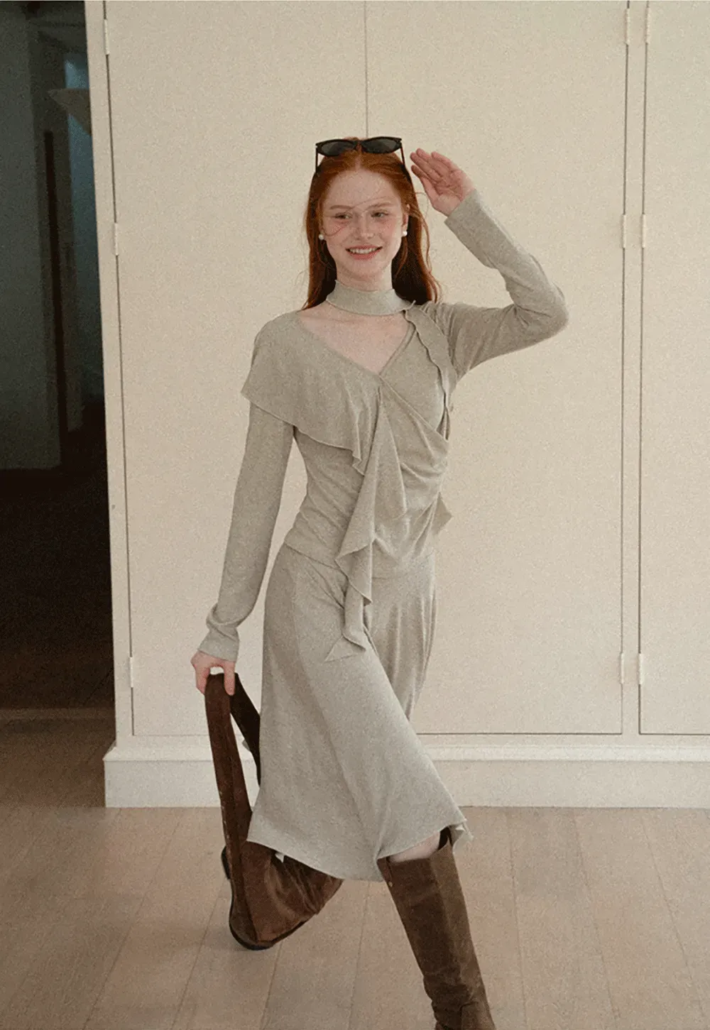 Ruffled Wrap Front Long Sleeve Top and Asymmetrical Skirt