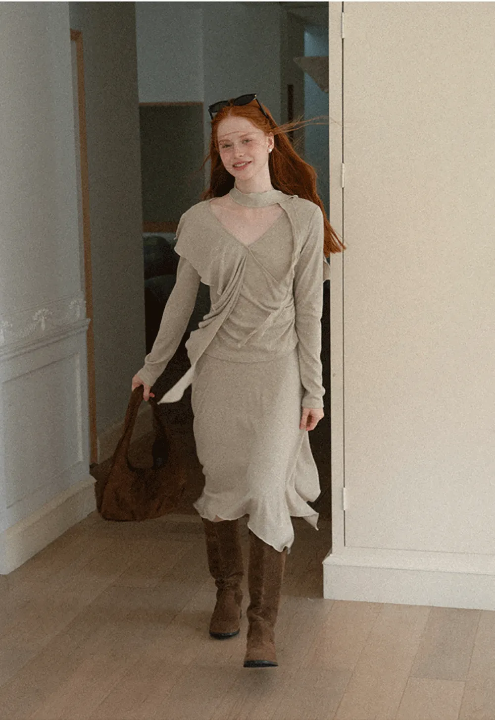 Ruffled Wrap Front Long Sleeve Top and Asymmetrical Skirt