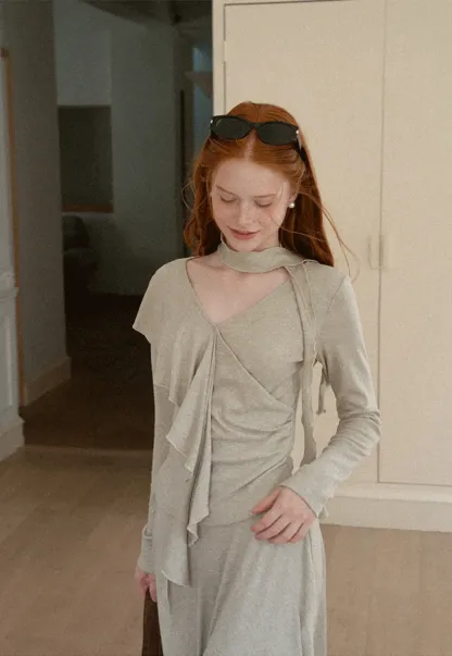 Ruffled Wrap Front Long Sleeve Top and Asymmetrical Skirt