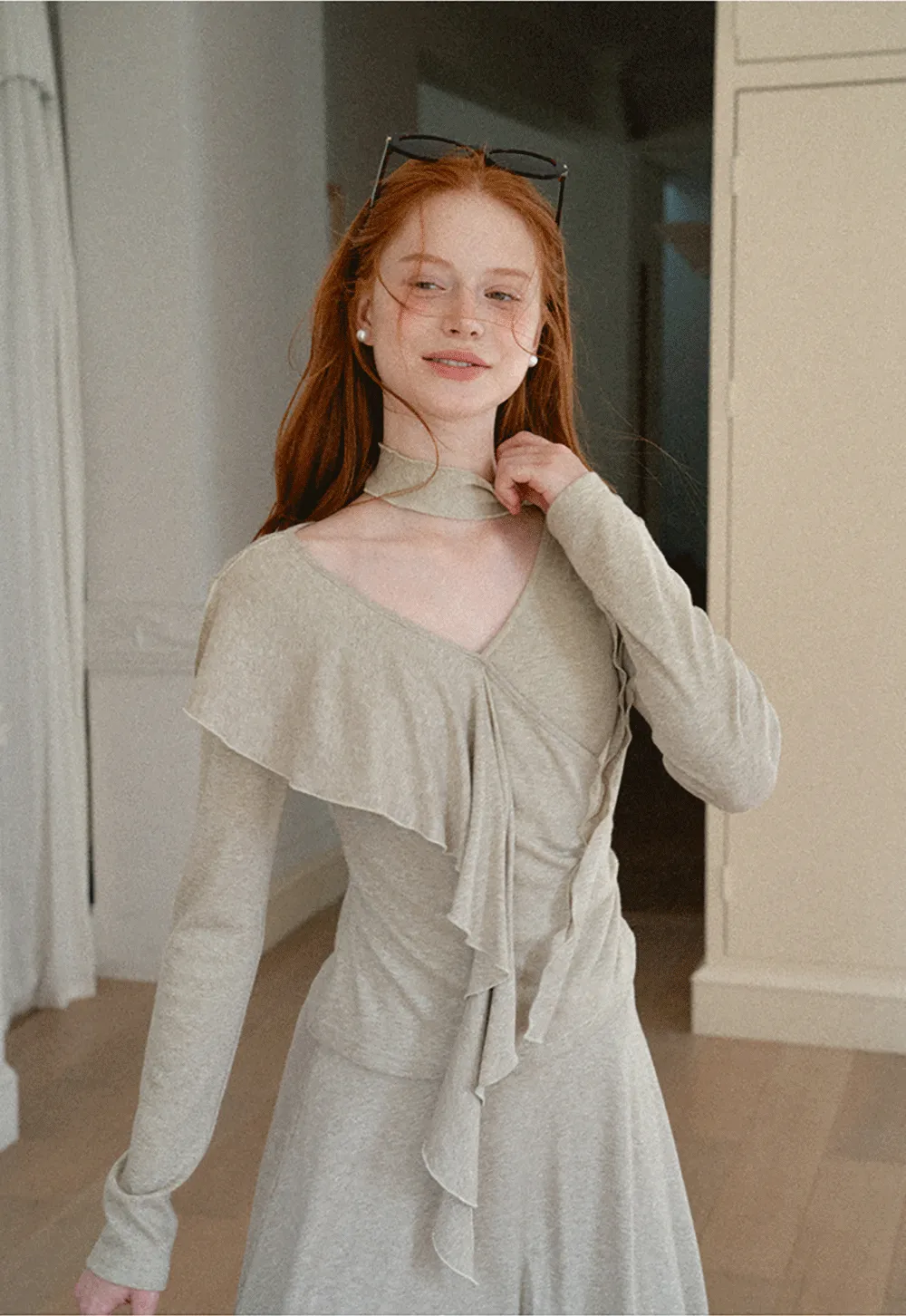 Ruffled Wrap Front Long Sleeve Top and Asymmetrical Skirt