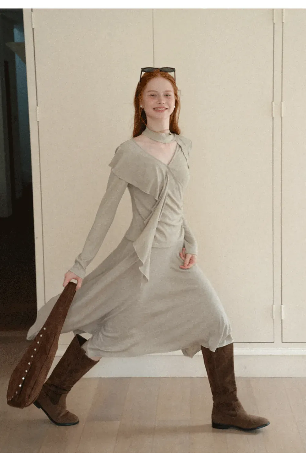 Ruffled Wrap Front Long Sleeve Top and Asymmetrical Skirt