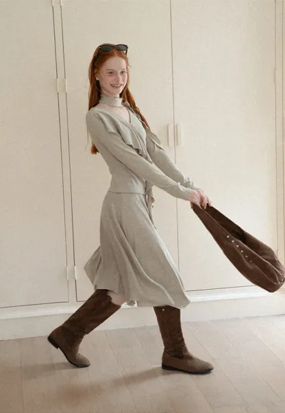 Ruffled Wrap Front Long Sleeve Top and Asymmetrical Skirt