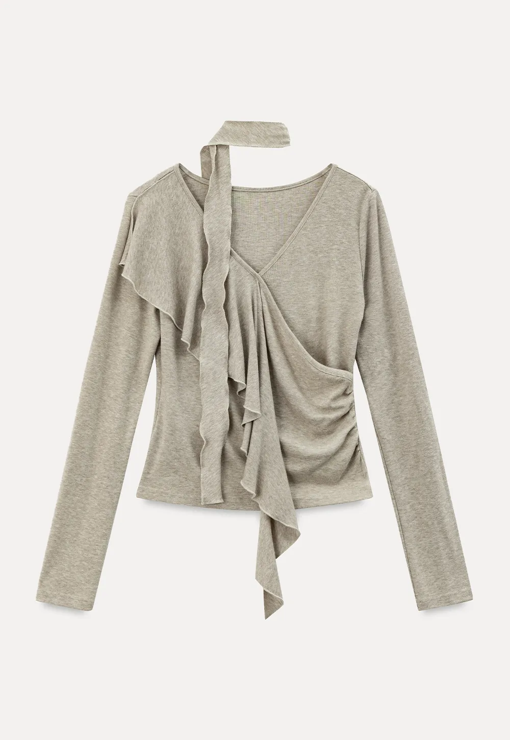 Ruffled Wrap Front Long Sleeve Top and Asymmetrical Skirt