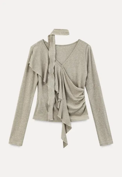 Ruffled Wrap Front Long Sleeve Top and Asymmetrical Skirt