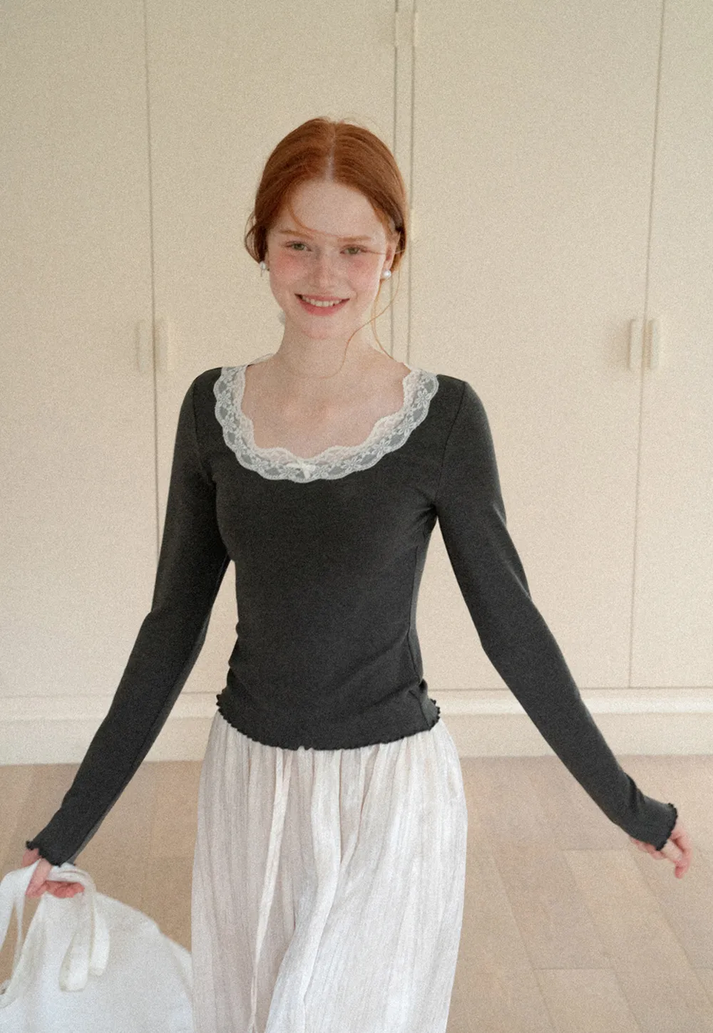 Lace Trim Square Neck Long Sleeve Top