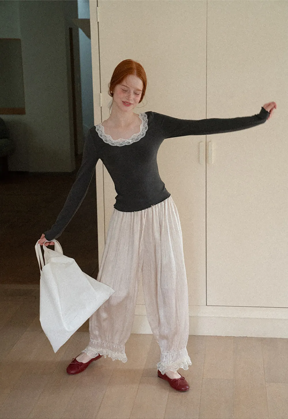 Lace Trim Square Neck Long Sleeve Top