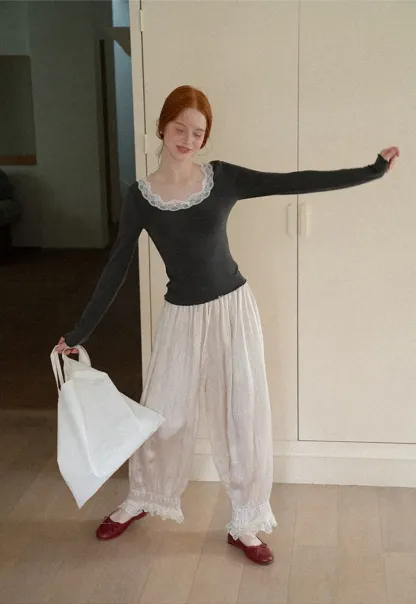 Lace Trim Square Neck Long Sleeve Top