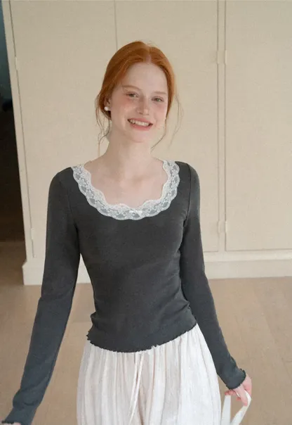 Lace Trim Square Neck Long Sleeve Top