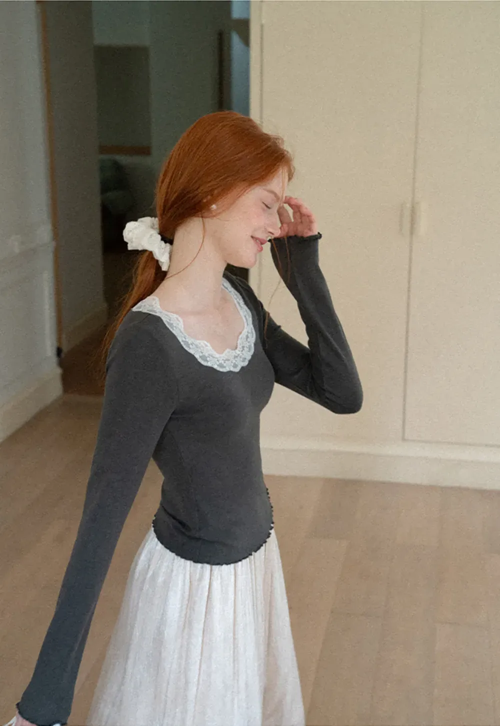 Lace Trim Square Neck Long Sleeve Top