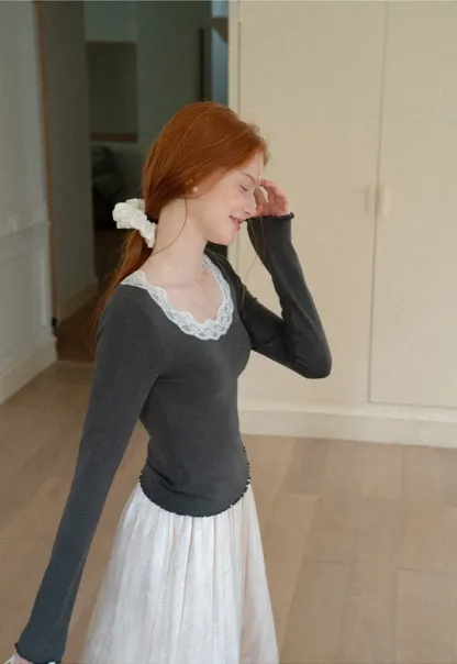 Lace Trim Square Neck Long Sleeve Top