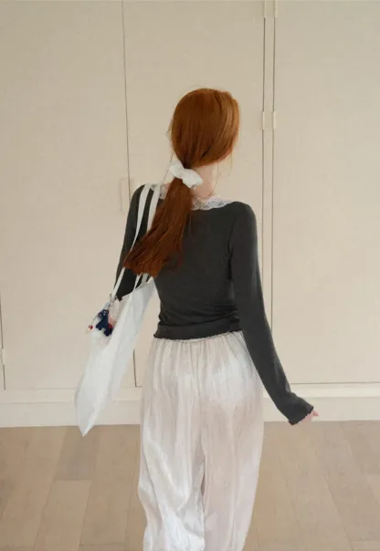 Lace Trim Square Neck Long Sleeve Top