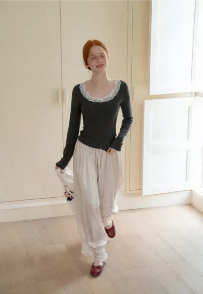 Lace Trim Square Neck Long Sleeve Top