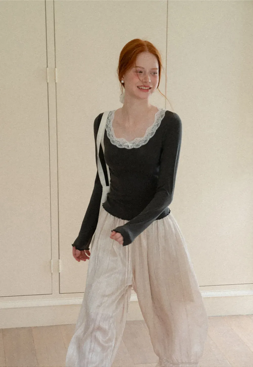 Lace Trim Square Neck Long Sleeve Top