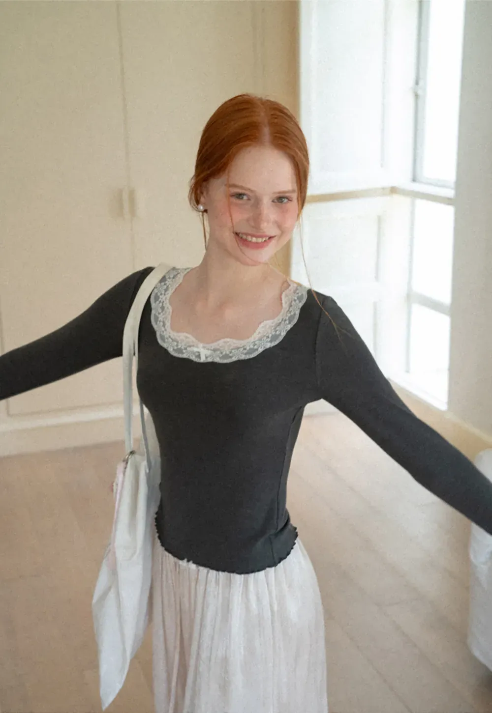 Lace Trim Square Neck Long Sleeve Top