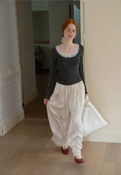 Lace Trim Square Neck Long Sleeve Top