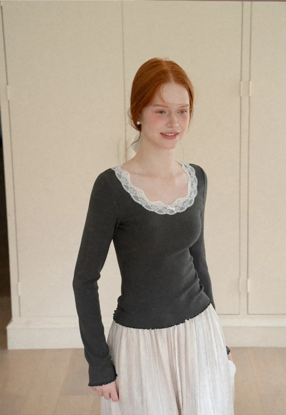 Lace Trim Square Neck Long Sleeve Top