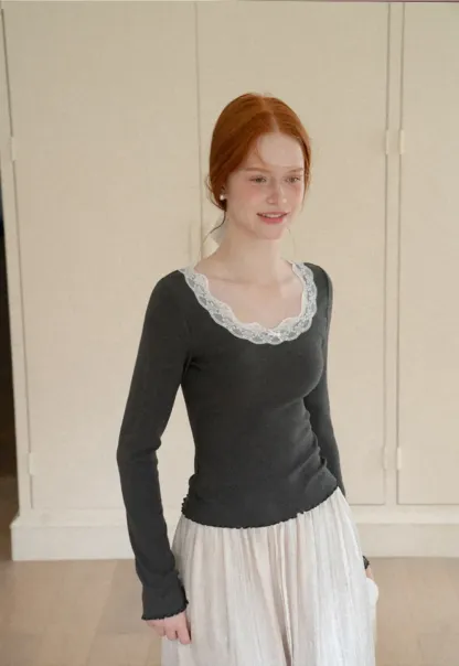 Lace Trim Square Neck Long Sleeve Top