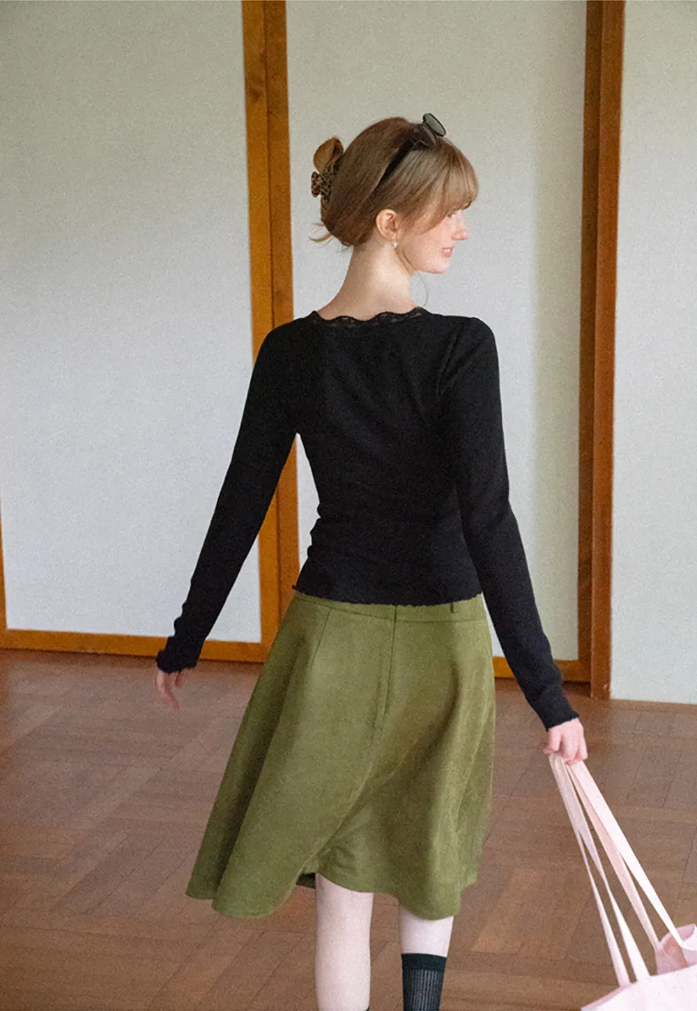 Lace Trim Square Neck Long Sleeve Top