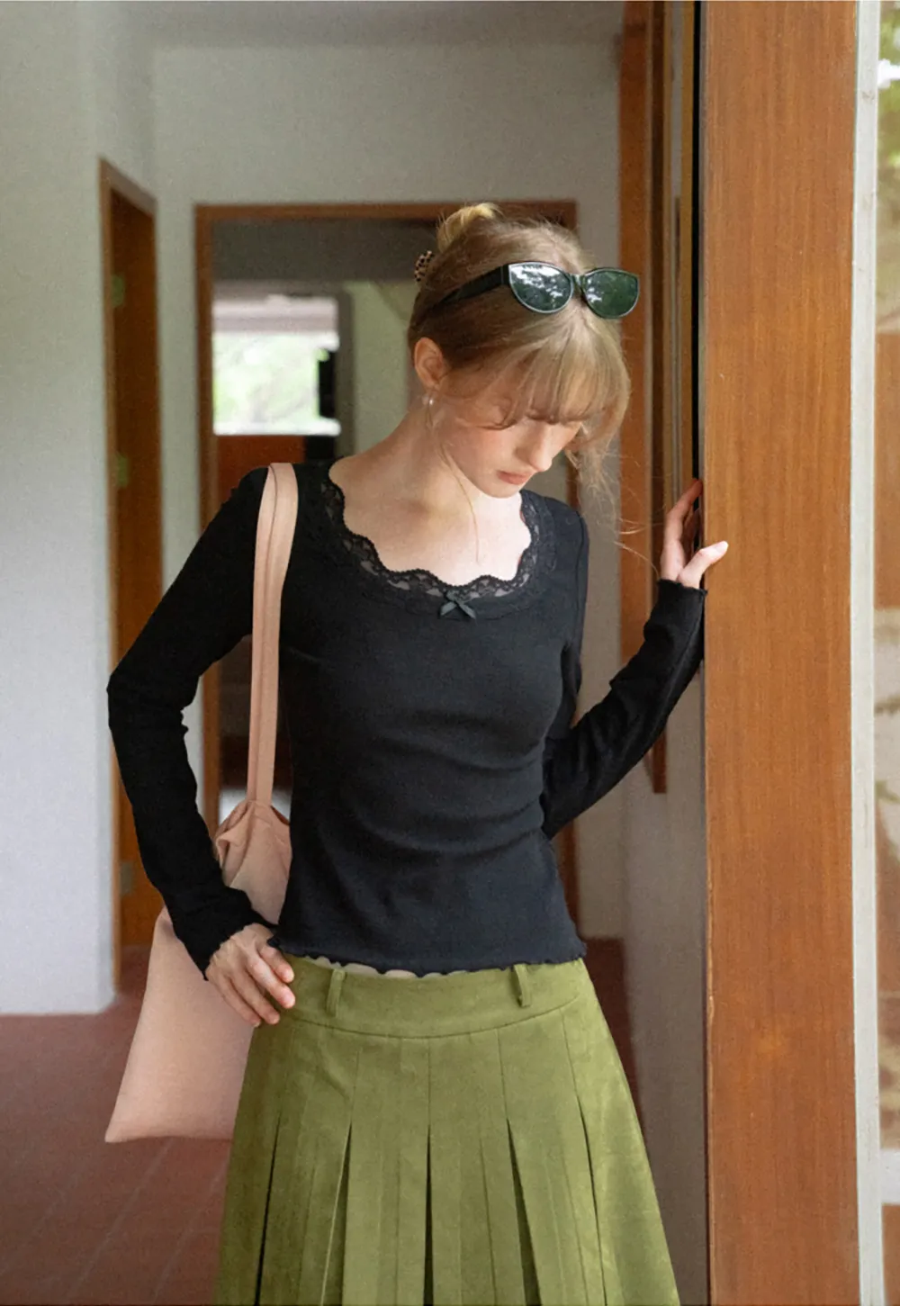 Lace Trim Square Neck Long Sleeve Top