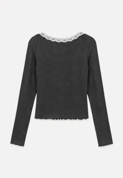 Lace Trim Square Neck Long Sleeve Top