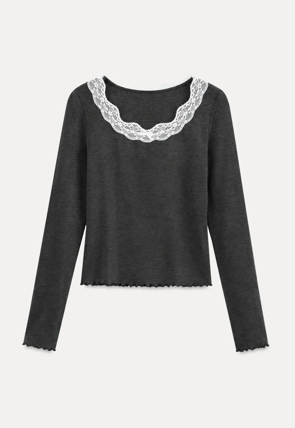 Lace Trim Square Neck Long Sleeve Top