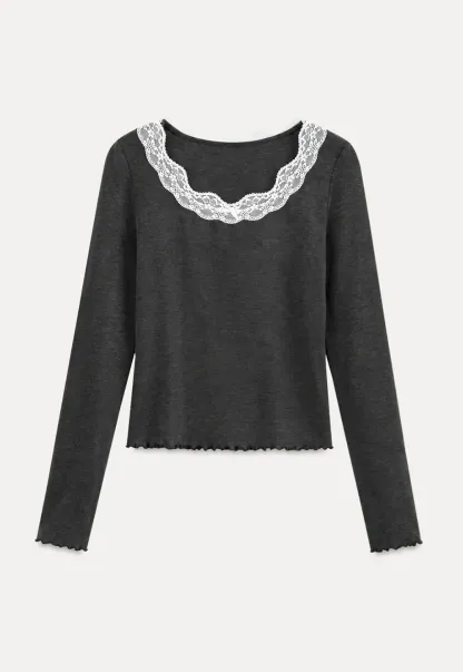 Lace Trim Square Neck Long Sleeve Top