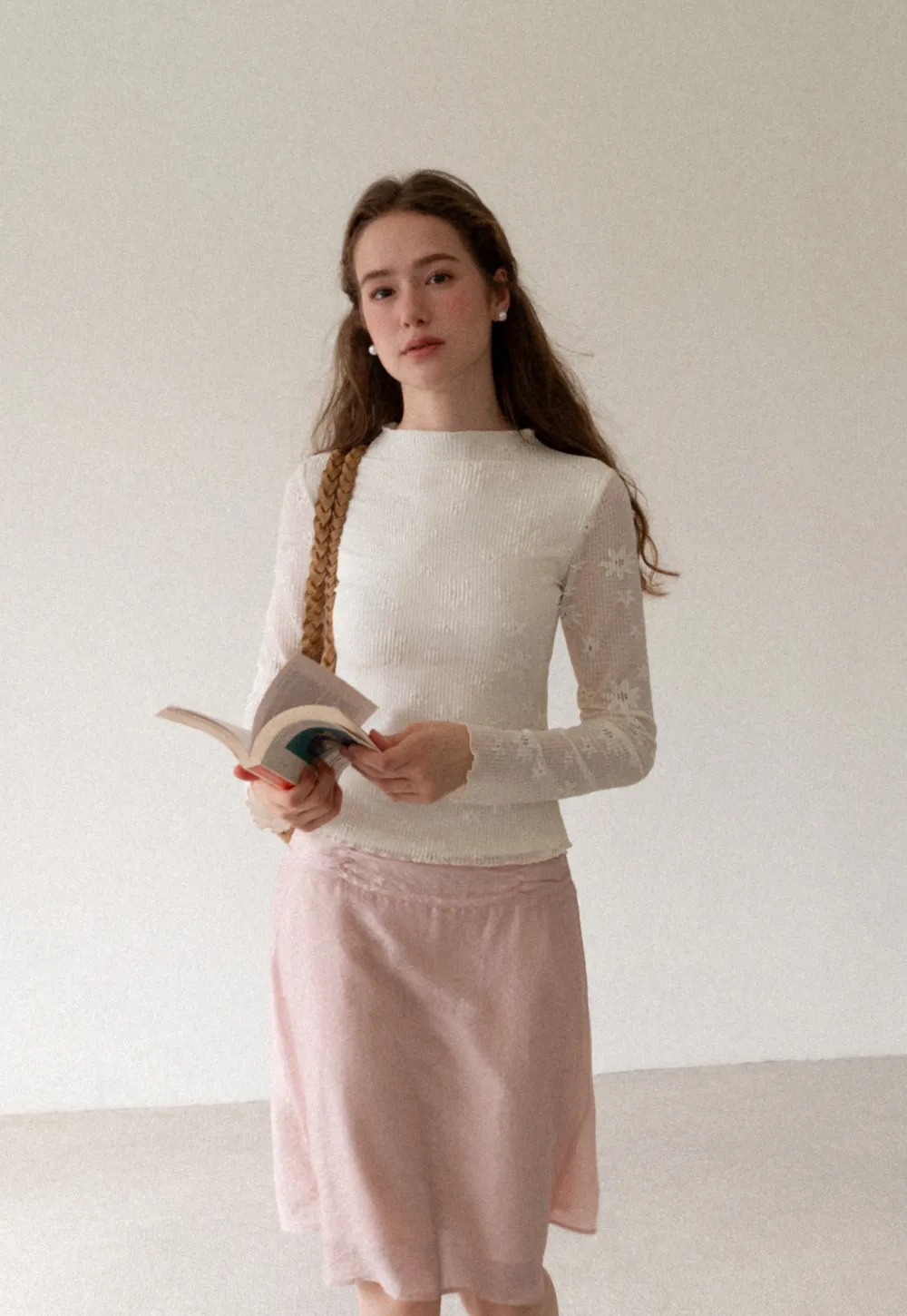 Ribbed Knit Mock Neck Long Sleeve Lace Panel Top