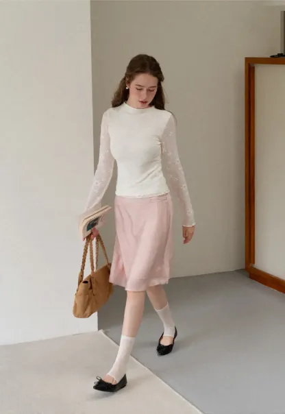 Ribbed Knit Mock Neck Long Sleeve Lace Panel Top