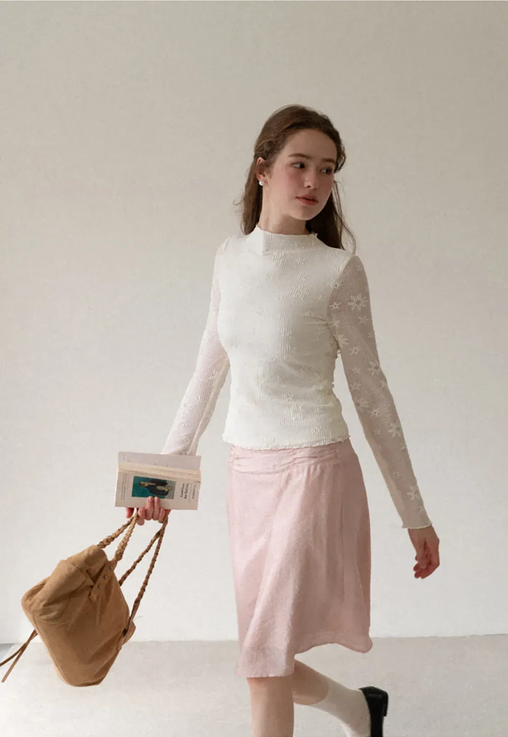 Ribbed Knit Mock Neck Long Sleeve Lace Panel Top