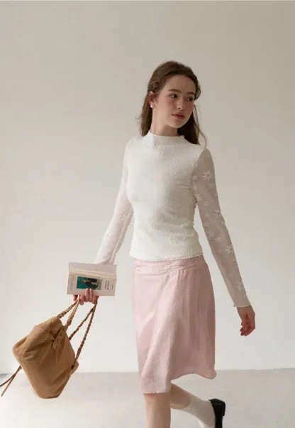 Ribbed Knit Mock Neck Long Sleeve Lace Panel Top
