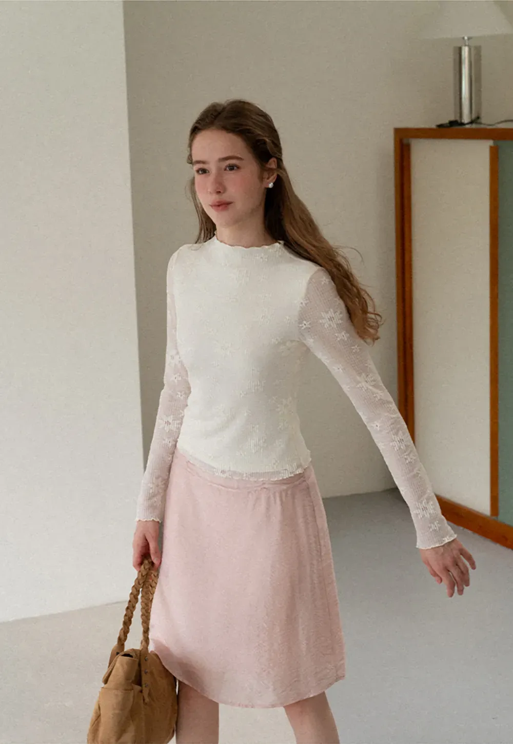 Ribbed Knit Mock Neck Long Sleeve Lace Panel Top