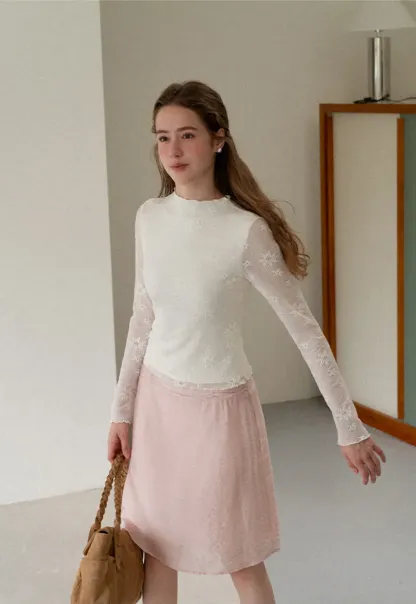 Ribbed Knit Mock Neck Long Sleeve Lace Panel Top