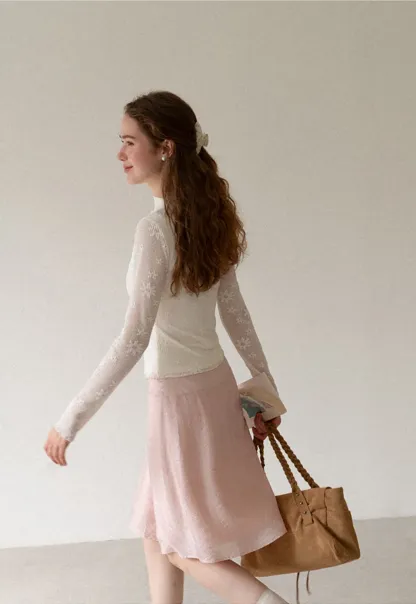 Ribbed Knit Mock Neck Long Sleeve Lace Panel Top