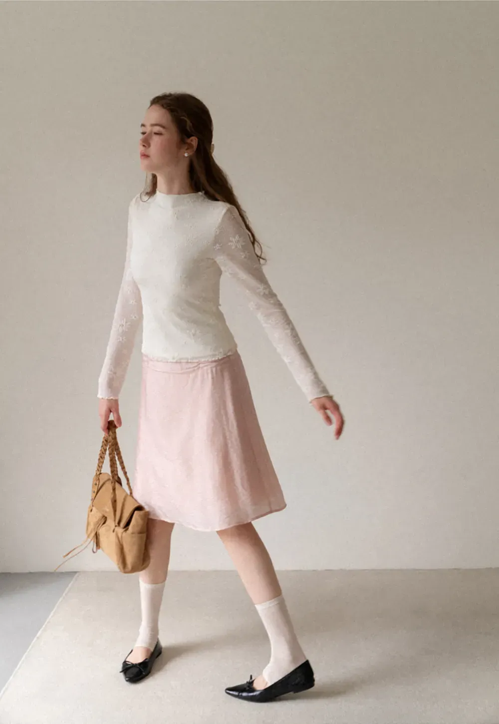 Ribbed Knit Mock Neck Long Sleeve Lace Panel Top