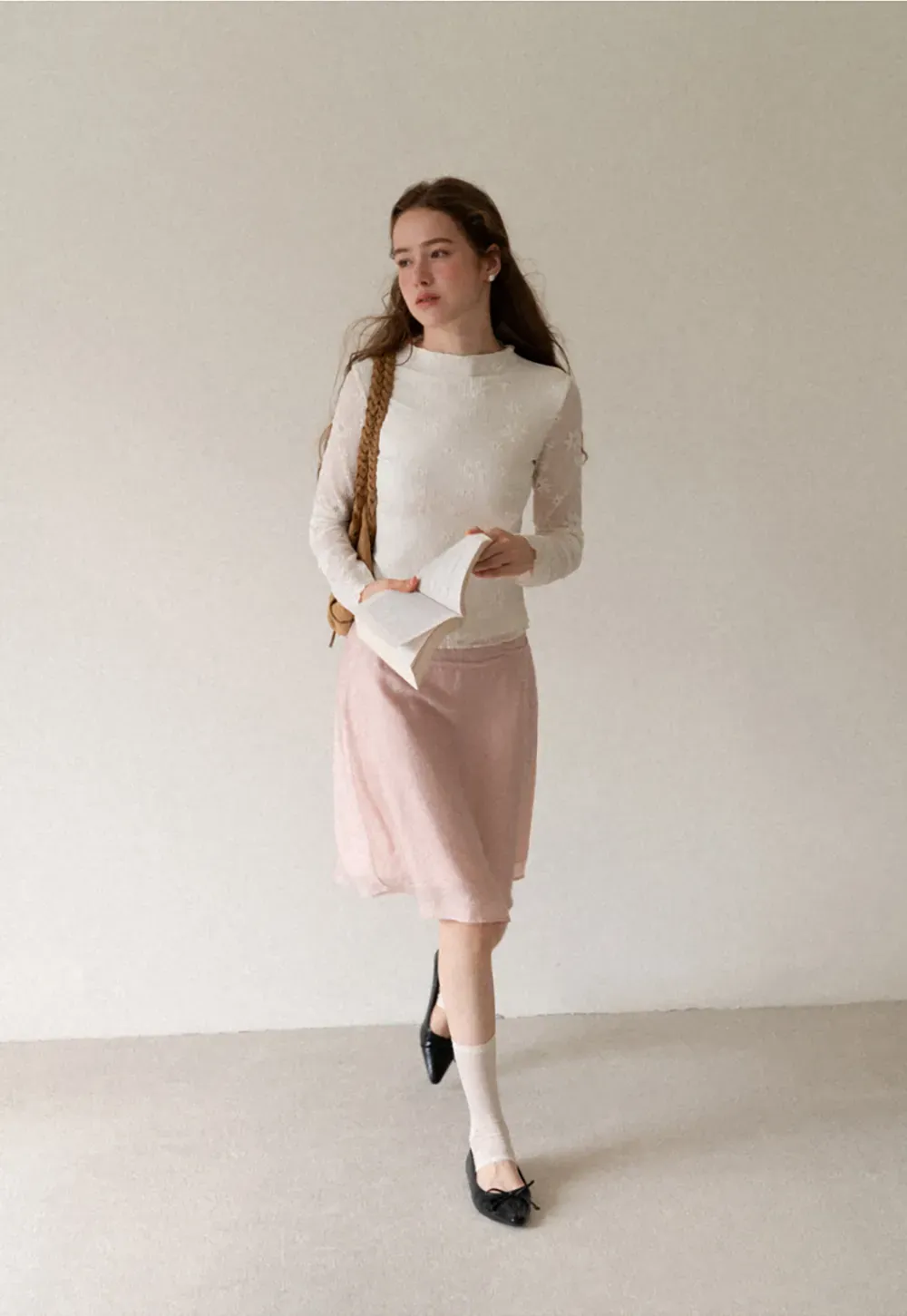 Ribbed Knit Mock Neck Long Sleeve Lace Panel Top