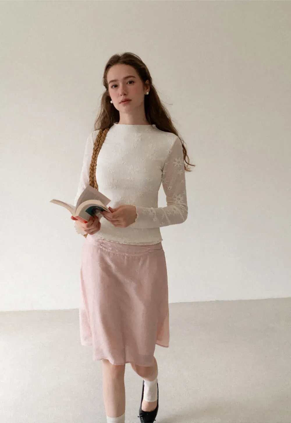 Ribbed Knit Mock Neck Long Sleeve Lace Panel Top