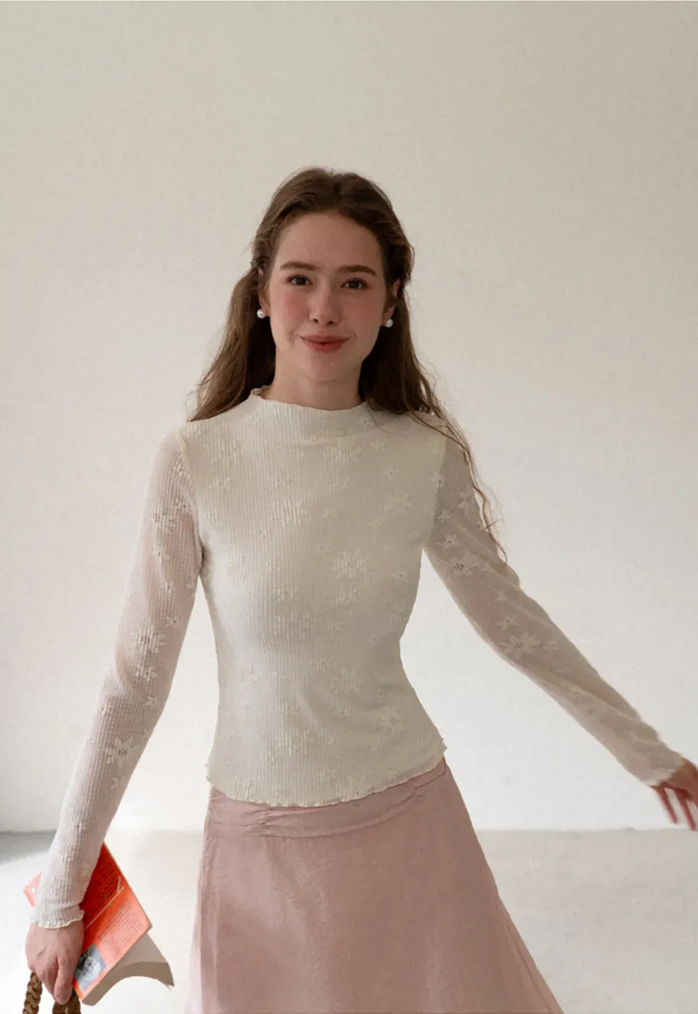 Ribbed Knit Mock Neck Long Sleeve Lace Panel Top