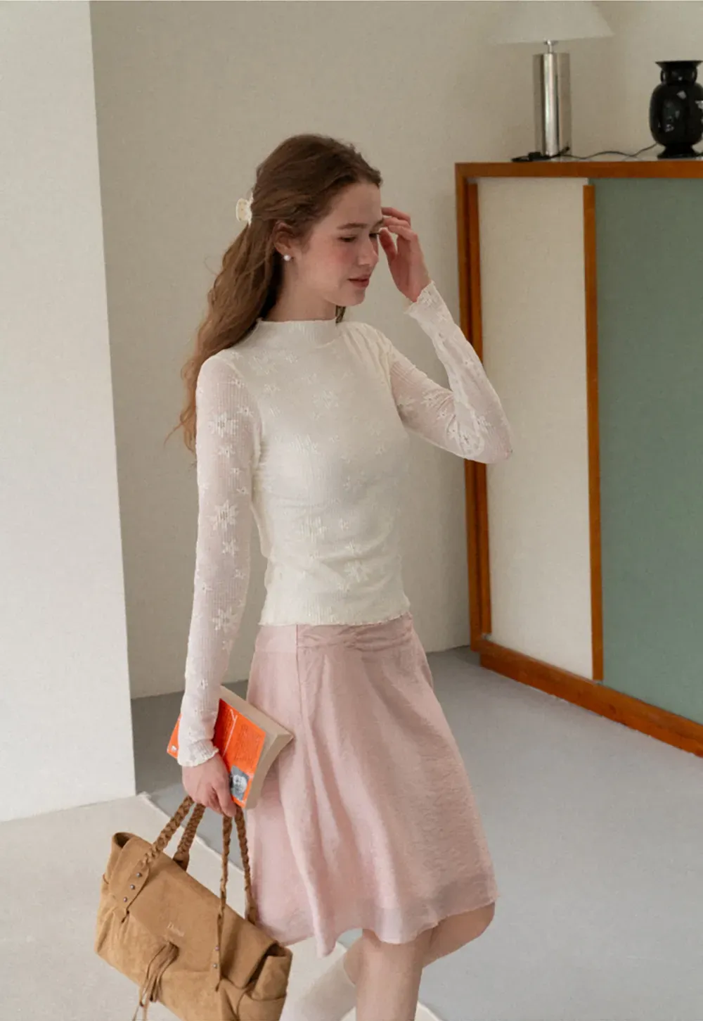 Ribbed Knit Mock Neck Long Sleeve Lace Panel Top